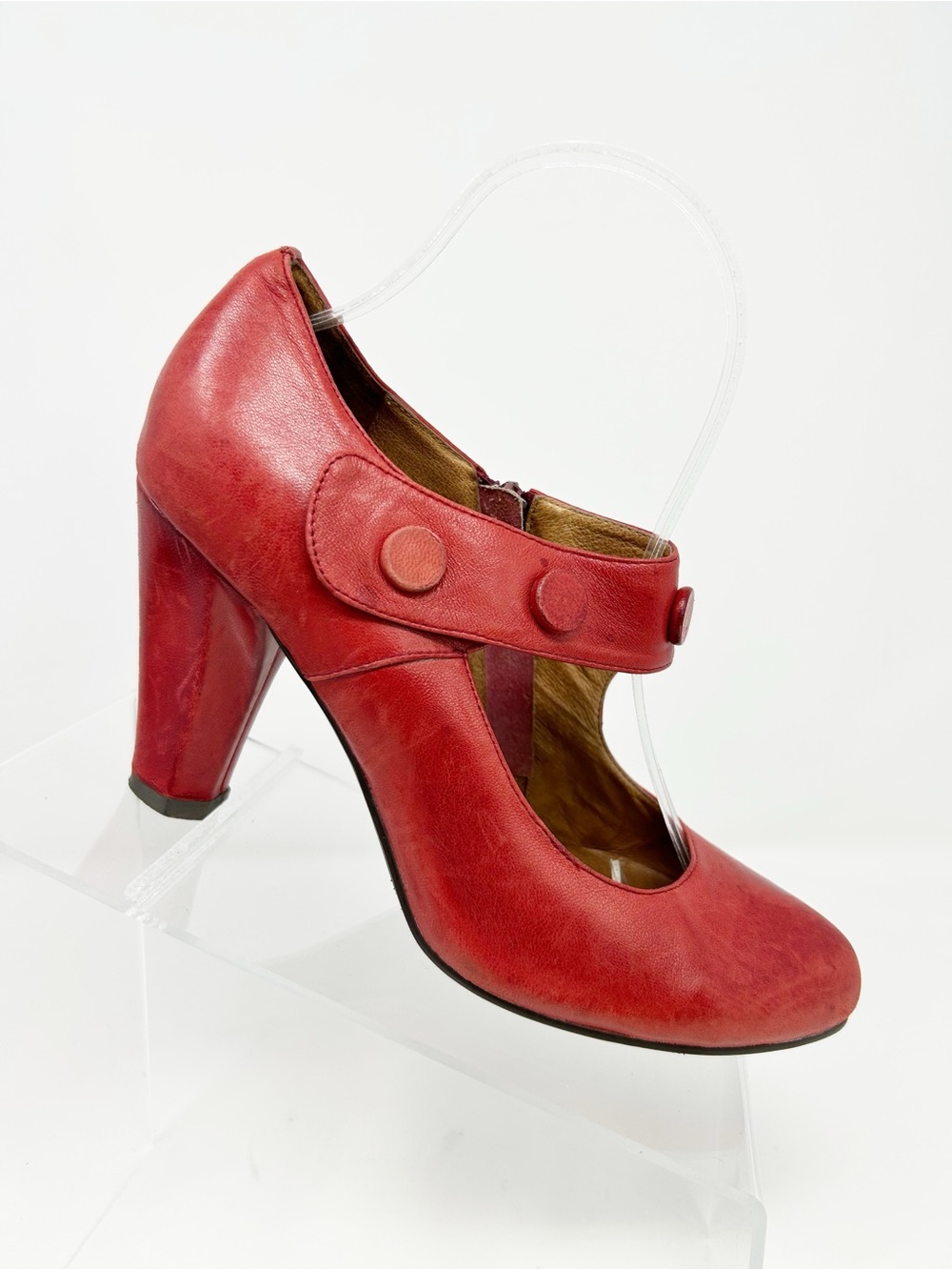 Miz Mooz Mary Jane Pumps Red Block Heel Side Zip Button Strap Retro Size 7.5